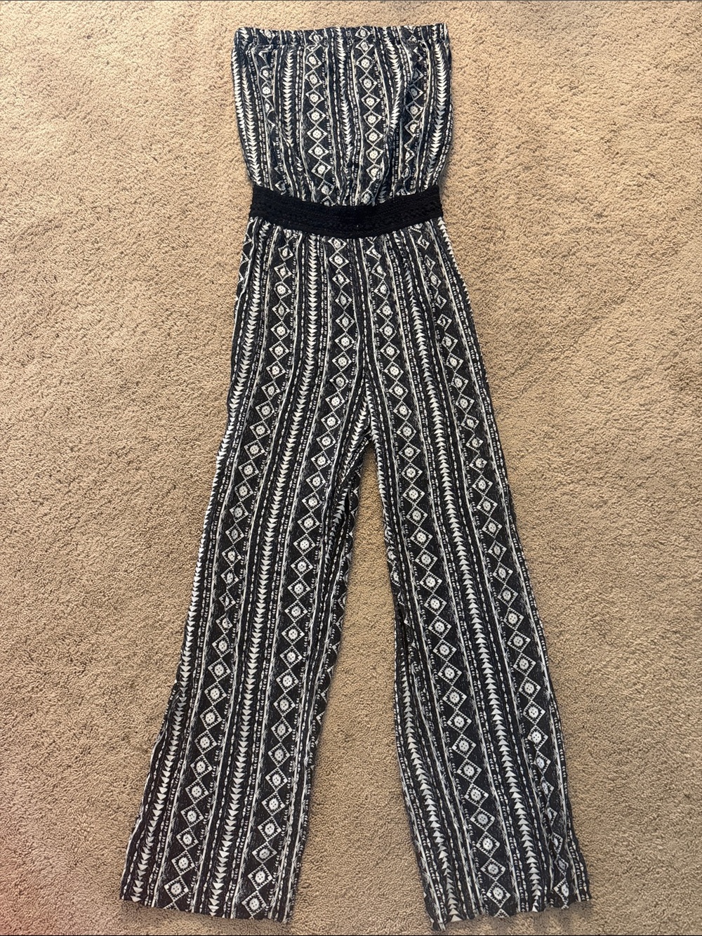 Strapless Black & White Printed Smocked-Waist Jumpsuit
